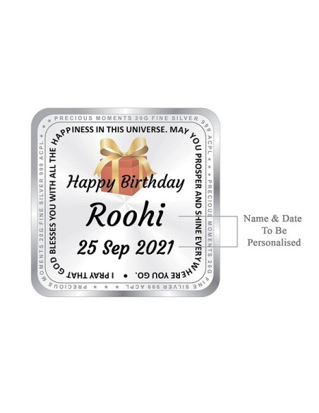 ACPL Personalised BIS Hallmarked Happy Birthday Silver Square Coin Of 20 Gram in 999 Purity / Fineness