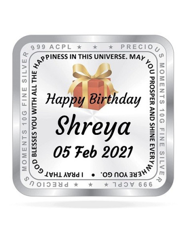 ACPL Personalised BIS Hallmarked Happy Birthday Silver Square Coin Of 10 Gram in 999 Purity / Fineness