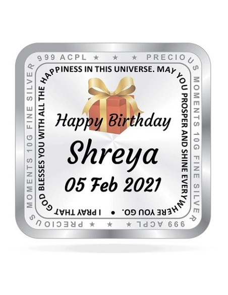 ACPL Personalised BIS Hallmarked Happy Birthday Silver Square Coin Of 10 Gram in 999 Purity / Fineness