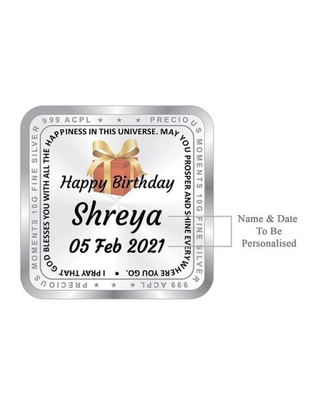 ACPL Personalised BIS Hallmarked Happy Birthday Silver Square Coin Of 10 Gram in 999 Purity / Fineness