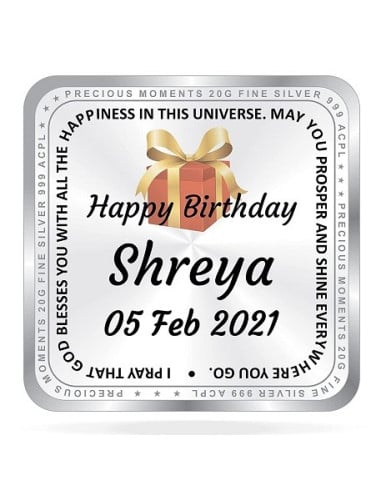 ACPL Personalised BIS Hallmarked Happy Birthday Silver Square Coin Of 20 Gram in 999 Purity / Fineness