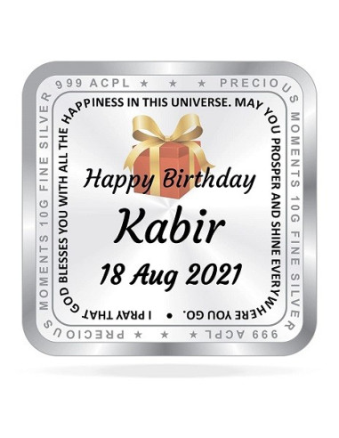 ACPL Personalised BIS Hallmarked Happy Birthday Silver Square Coin Of 10 Gram in 999 Purity / Fineness