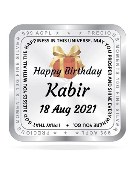 ACPL Personalised BIS Hallmarked Happy Birthday Silver Square Coin Of 10 Gram in 999 Purity / Fineness