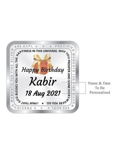 ACPL Personalised BIS Hallmarked Happy Birthday Silver Square Coin Of 10 Gram in 999 Purity / Fineness