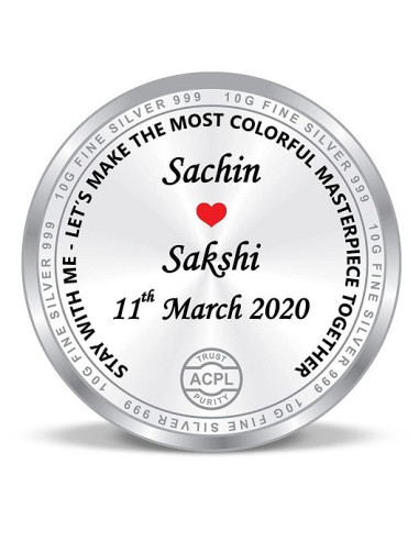 ACPL Personalised BIS Hallmarked Newly Married Silver Coin Of 10 Gram in 999 Purity / Fineness