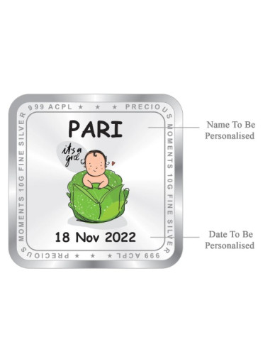 ACPL Personalised BIS Hallmarked New Born Baby Girl Silver Square Coin Of 10 Gram in 999 Purity / Fineness