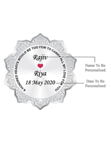 Precious Moments Personalised BIS Hallmarked Wedding Anniversary Silver Flower Shape Coin Of 50 Gram in 999 Purity by ACPL