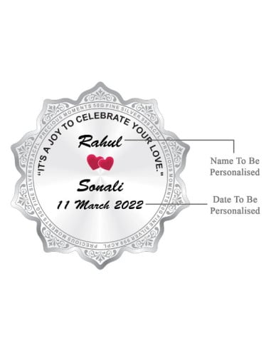Precious Moments Personalised BIS Hallmarked Wedding Anniversary Silver Flower Shape Coin Of 50 Gram in 999 Purity by ACPL