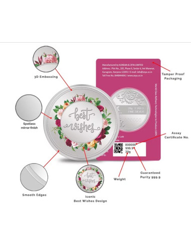 Kundan Best Wishes  Color Silver Coin of 20 Gram in 999.9 Purity / Fineness in Certi Card