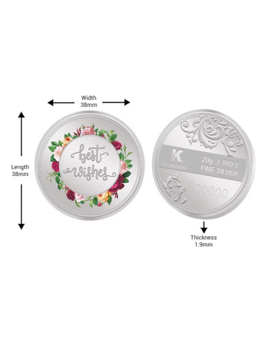 Kundan Best Wishes  Color Silver Coin of 20 Gram in 999.9 Purity / Fineness in Certi Card