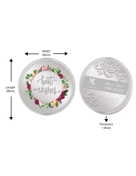 Kundan Best Wishes  Color Silver Coin of 20 Gram in 999.9 Purity / Fineness in Certi Card