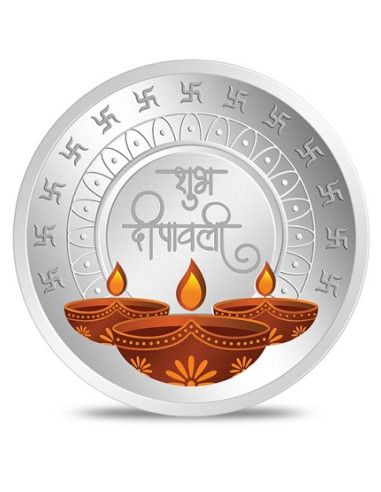 Kundan Shubh Deepawali Color Silver Coin of 20 Gram in 999.9 Purity / Fineness in Certi Card