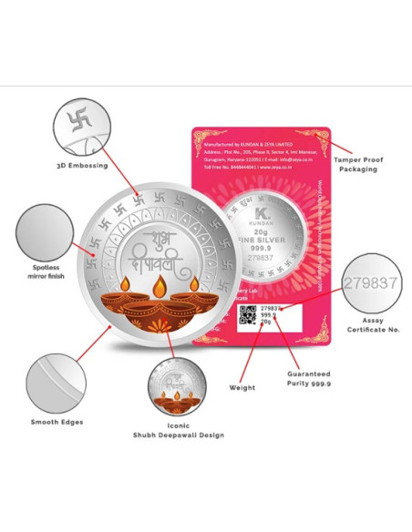 Kundan Shubh Deepawali Color Silver Coin of 20 Gram in 999.9 Purity / Fineness in Certi Card