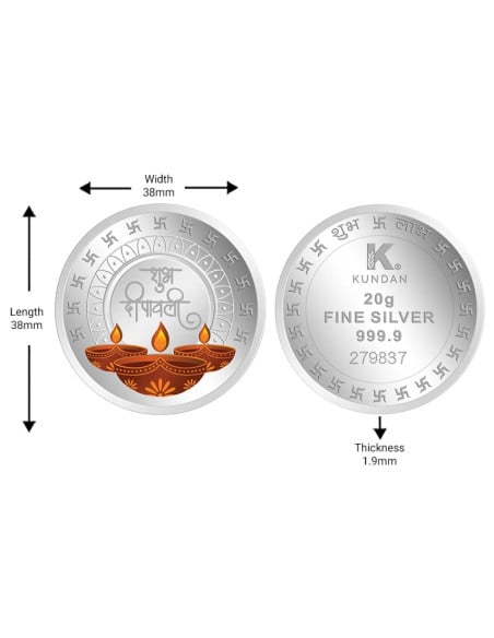 Kundan Shubh Deepawali Color Silver Coin of 20 Gram in 999.9 Purity / Fineness in Certi Card