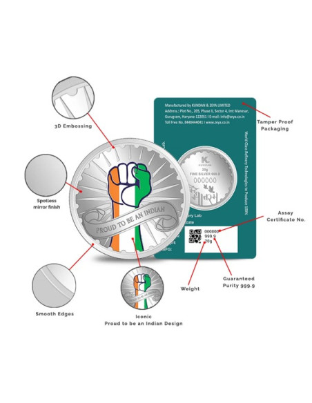 Kundan Proud To Be An Indian Color Silver Coin of 20 Gram in 999.9 Purity / Fineness in Certi Card