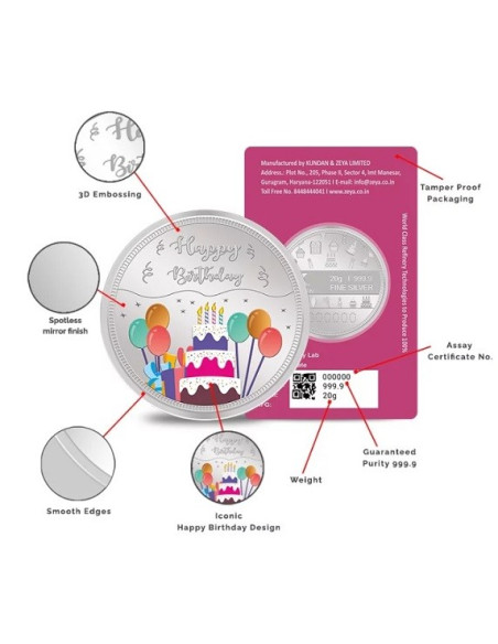 Kundan Happy Birthday Color Silver Coin of 20 Gram in 999.9 Purity / Fineness in Certi Card