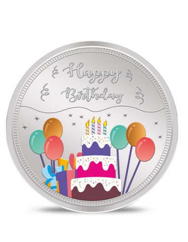 Kundan Happy Birthday Color Silver Coin of 20 Gram in 999.9 Purity / Fineness in Certi Card