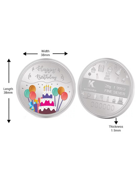 Kundan Happy Birthday Color Silver Coin of 20 Gram in 999.9 Purity / Fineness in Certi Card
