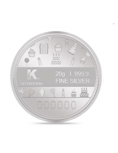 Kundan Happy Birthday Color Silver Coin of 20 Gram in 999.9 Purity / Fineness in Certi Card