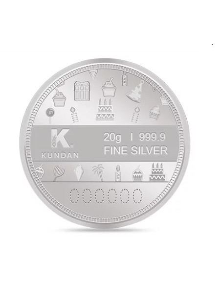 Kundan Happy Birthday Color Silver Coin of 20 Gram in 999.9 Purity / Fineness in Certi Card