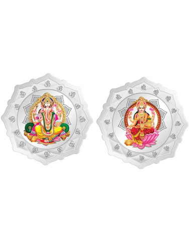 Kundan Lakshmi Ganesha Flower Shape Color Silver Coin of 20 Gram in 999.9 Purity / Fineness in Certi Card