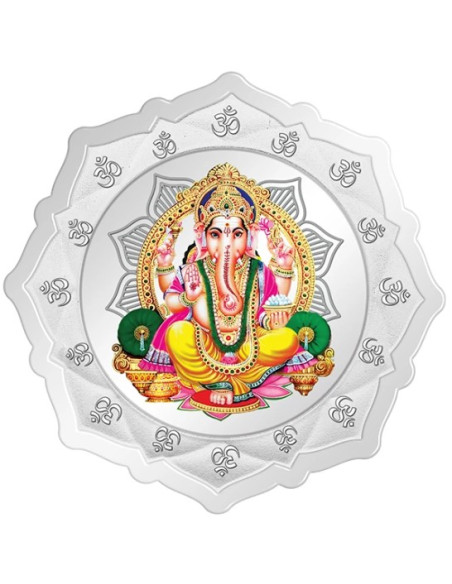 Kundan Lakshmi Ganesha Flower Shape Color Silver Coin of 20 Gram in 999.9 Purity / Fineness in Certi Card