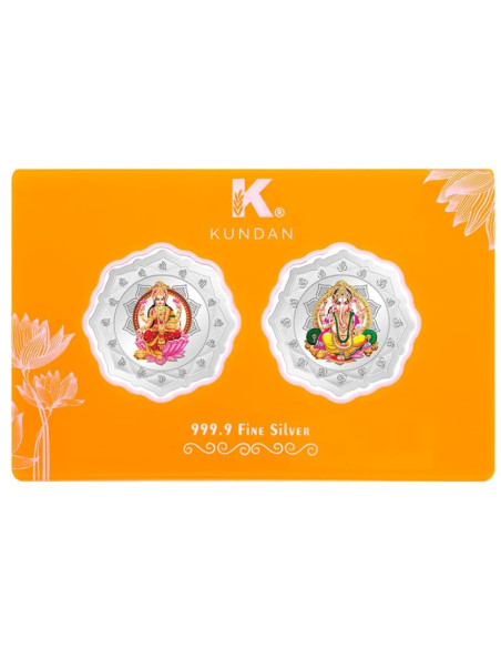 Kundan Lakshmi Ganesha Flower Shape Color Silver Coin of 20 Gram in 999.9 Purity / Fineness in Certi Card