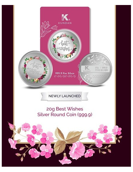 Kundan Best Wishes  Color Silver Coin of 20 Gram in 999.9 Purity / Fineness in Certi Card