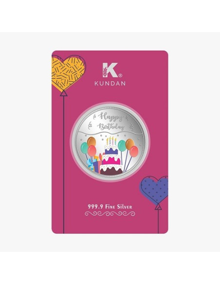 Kundan Happy Birthday Color Silver Coin of 20 Gram in 999.9 Purity / Fineness in Certi Card