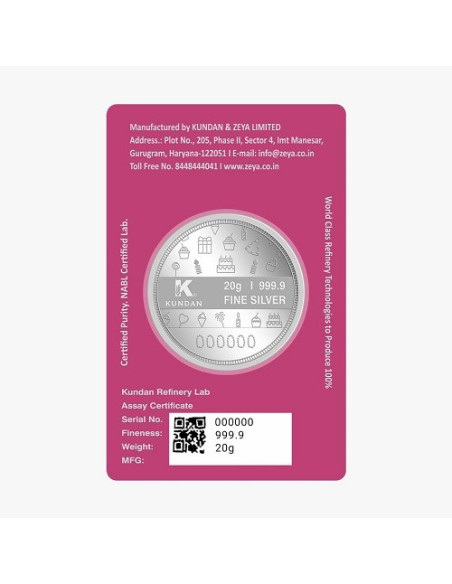 Kundan Happy Birthday Color Silver Coin of 20 Gram in 999.9 Purity / Fineness in Certi Card