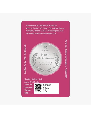 Kundan Best Mom Color Silver Coin of 20 Gram in 999.9 Purity / Fineness in Certi Card