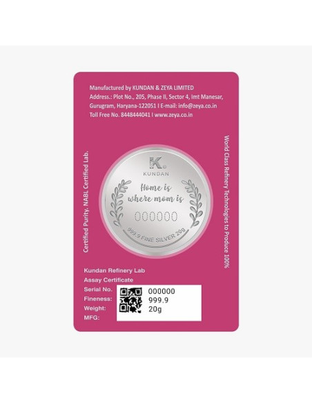 Kundan Best Mom Color Silver Coin of 20 Gram in 999.9 Purity / Fineness in Certi Card