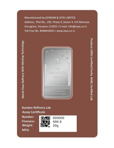 Kundan Hanuman Color Silver Bar of 20 Gram in 999.9 Purity / Fineness in Certi Card