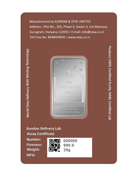 Kundan Hanuman Color Silver Bar of 20 Gram in 999.9 Purity / Fineness in Certi Card