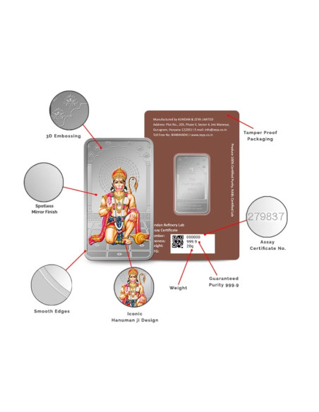 Kundan Hanuman Color Silver Bar of 20 Gram in 999.9 Purity / Fineness in Certi Card
