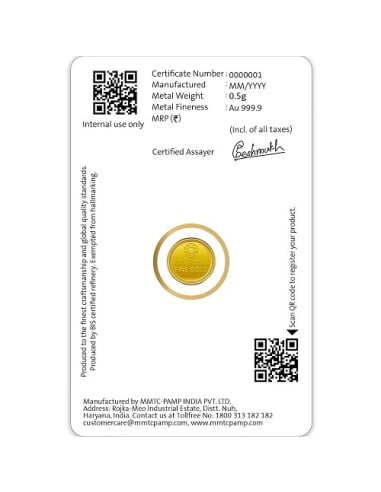 0.5 Gram Gold  Coin - MMTC-PAMP 24K (999.9 Purity) | Live Price Today