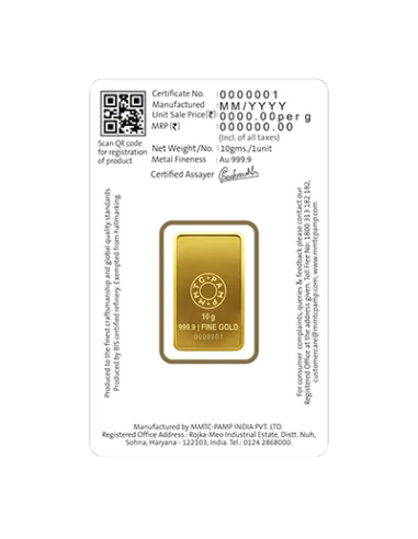 MMTC-PAMP Lakshmi Gold Ingot Bar of 10 Grams in 24 Karat  999.9 Purity