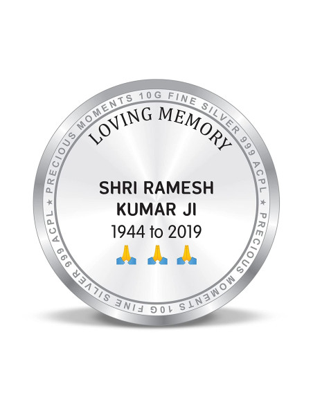 Precious Moments Personalised BIS Hallmarked Death Anniversary  Silver Coin Of 20 Gram in 999 Purity / Fineness By ACPL