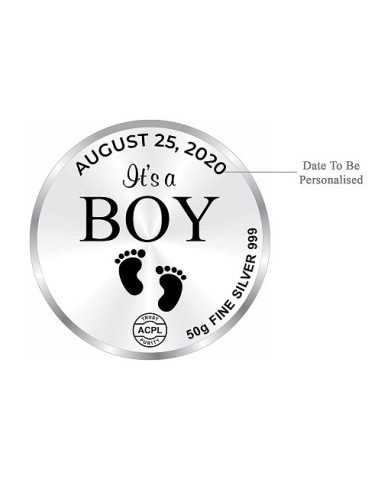 Precious Moments Personalised BIS Hallmarked New Born Baby Boy Silver Coin Of 10 Gram in 999 Purity / Fineness by ACPL