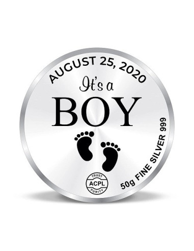 Precious Moments Personalised BIS Hallmarked New Born Baby Boy Silver Coin Of 10 Gram in 999 Purity / Fineness by ACPL
