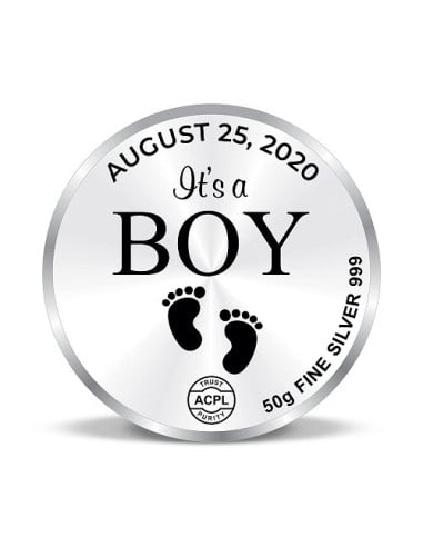 Precious Moments Personalised BIS Hallmarked New Born Baby Boy Silver Coin Of 20 Gram in 999 Purity / Fineness by ACPL