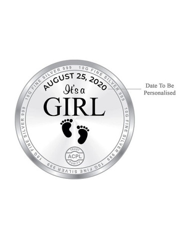 Precious Moments Personalised BIS Hallmarked New Born Baby Girl Silver Coin Of 10 Gram in 999 Purity / Fineness by ACPL