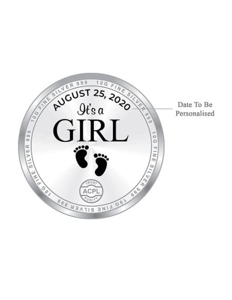 Precious Moments Personalised BIS Hallmarked New Born Baby Girl Silver Coin Of 10 Gram in 999 Purity / Fineness by ACPL
