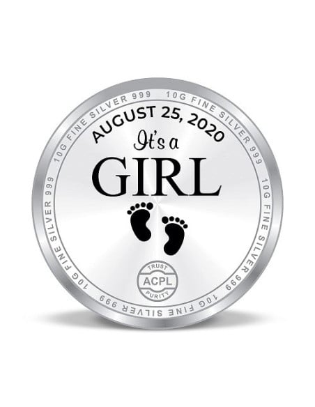 Precious Moments Personalised BIS Hallmarked New Born Baby Girl Silver Coin Of 20 Gram in 999 Purity / Fineness by ACPL