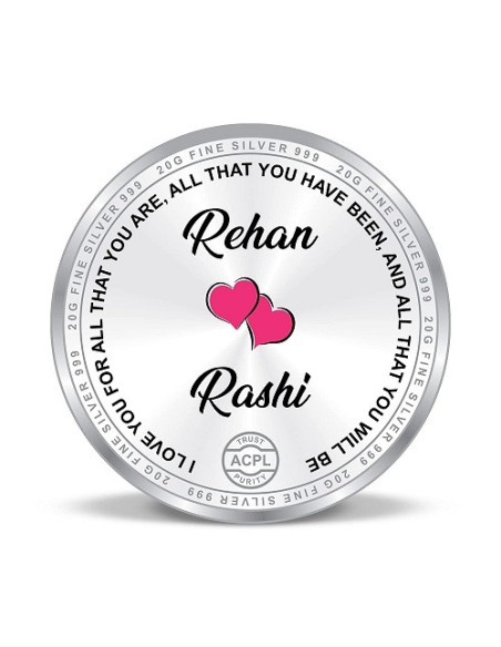 Precious Moments Personalised BIS Hallmarked Valentines Day Silver Coin Of 20 Gram in 999 Purity / Fineness By ACPL