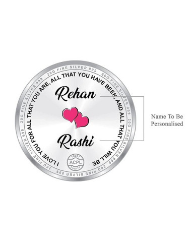 Precious Moments Personalised BIS Hallmarked Valentines Day Silver Coin Of 20 Gram in 999 Purity / Fineness By ACPL
