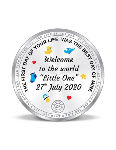 Precious Moments Personalised BIS Hallmarked New Born Baby Silver Coin Of 20 Gram in 999 Purity / Fineness by ACPL