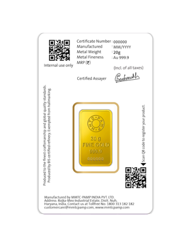 MMTC-PAMP Gold Ingot Bar of 20 Grams 24 Karat in 9999 Purity / Finenes