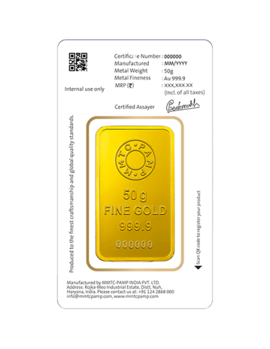 Buy MMTC PAMP Gold Ingot of 50 Gms  24Kt in 999.9 Purity I CoinBazaar