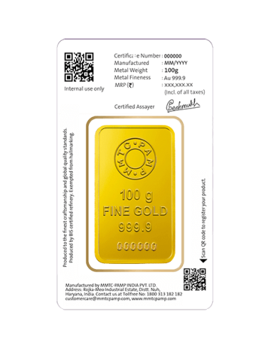 Buy MMTC PAMP Gold Ingot Bar of 100 Grams Gold  24Kt in 999.9 Purity
